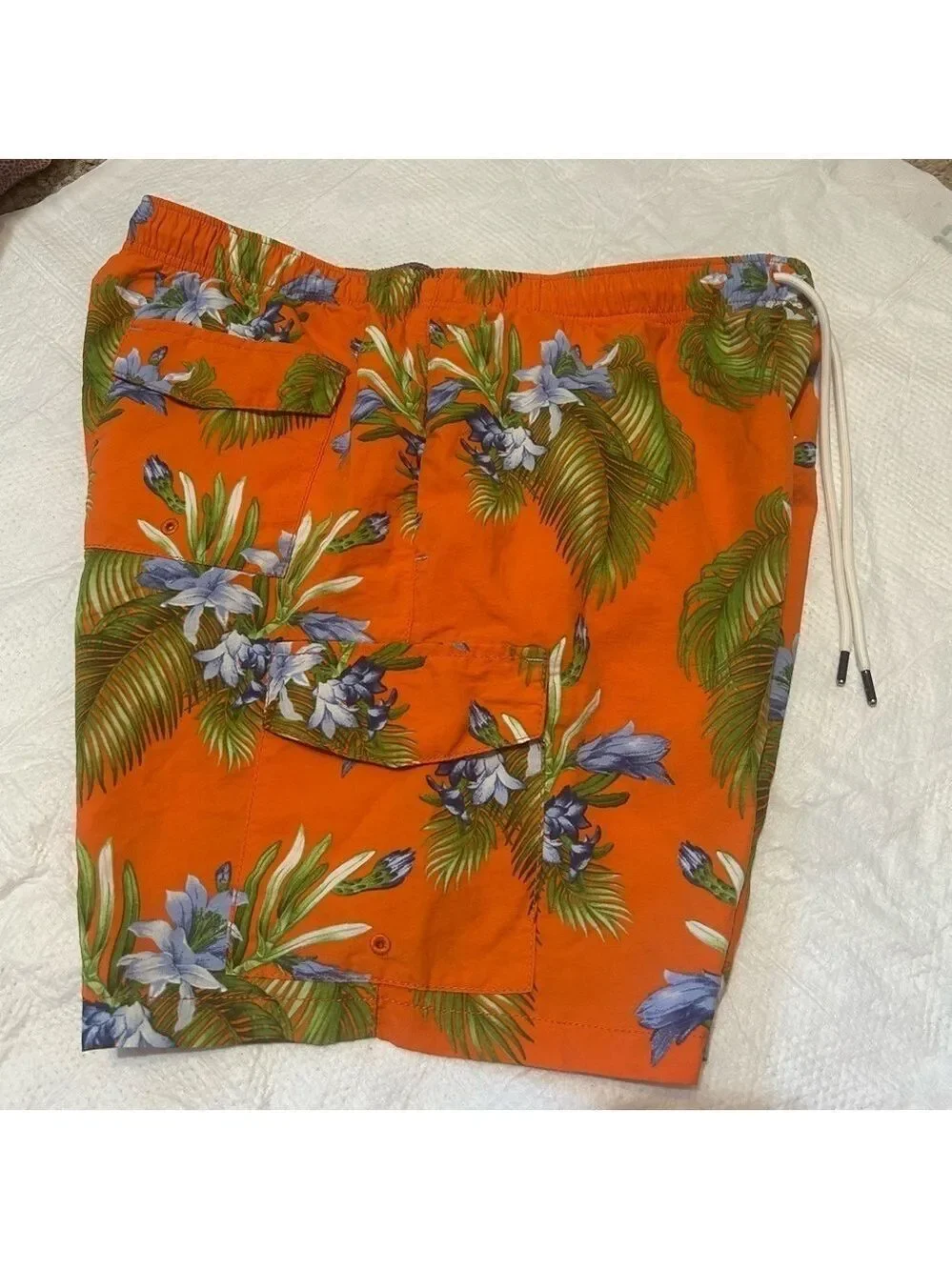 Tommy Bahamas Naples Swim Trunks Tropical Large Drawstring Orange Green Pockets